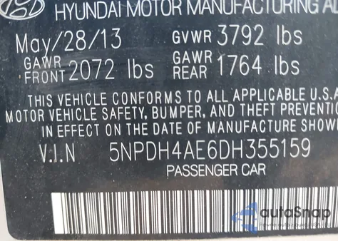 2013 Hyundai Elantra Gls z USA, uszkodzony, nr VIN 5NPDH4AE6DH355159